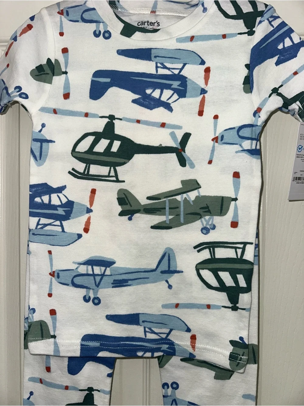 Carter's White Navy Green Blue Airplane Pajama Top